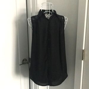 Sleeveless blouse lace sheer top button down shirt tunic